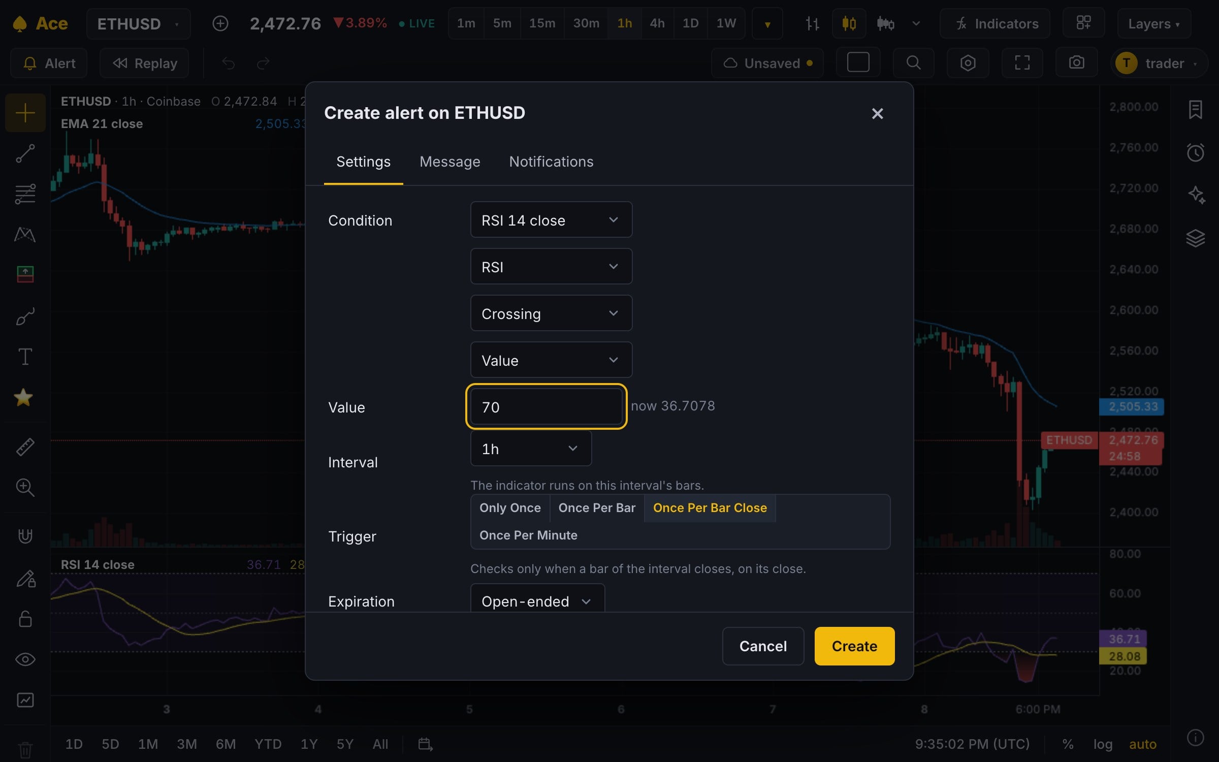 The Create alert dialog on an ETH 1-hour chart, set to fire when the RSI crosses 70 on bar close